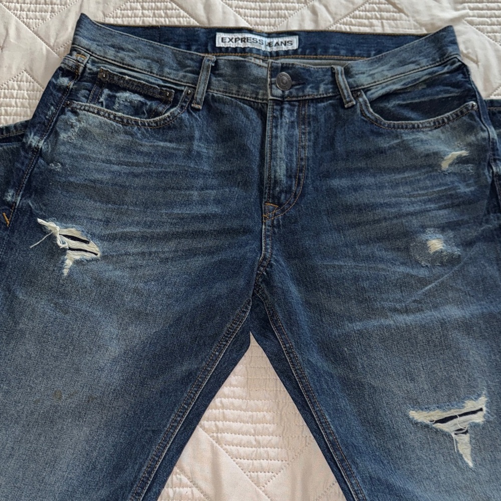 Express Men's Slim Fit Blue Distressed Jeans